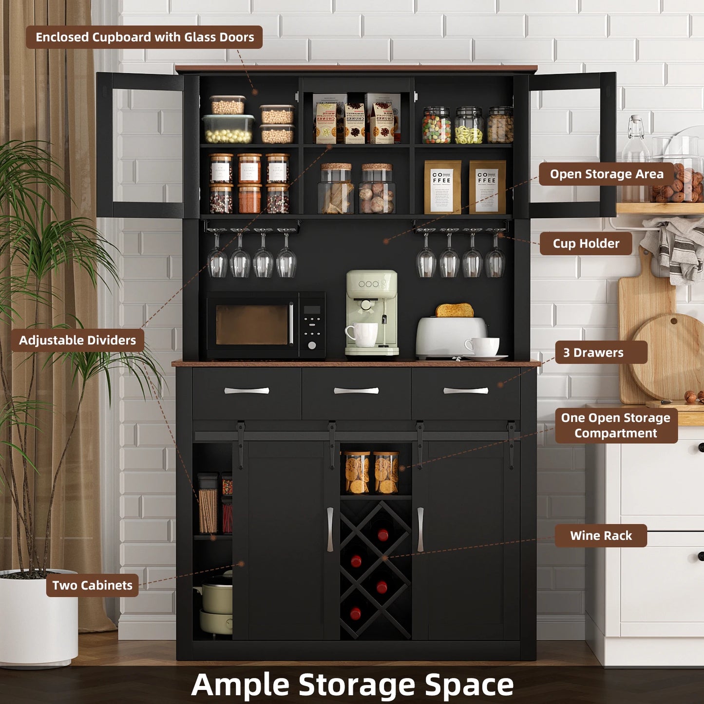 VOWNER Farmhouse Bar Cabinet With Sliding Barn Doors And Wine Glass Racks