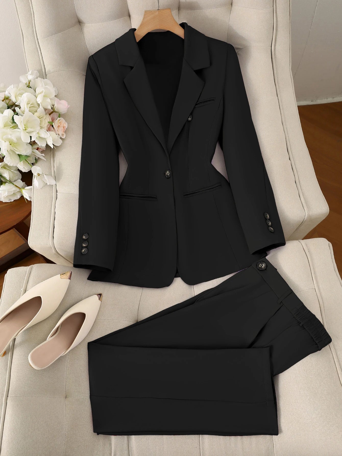 Women's Two Piece Suit With Single Button Jacket And Trousers
