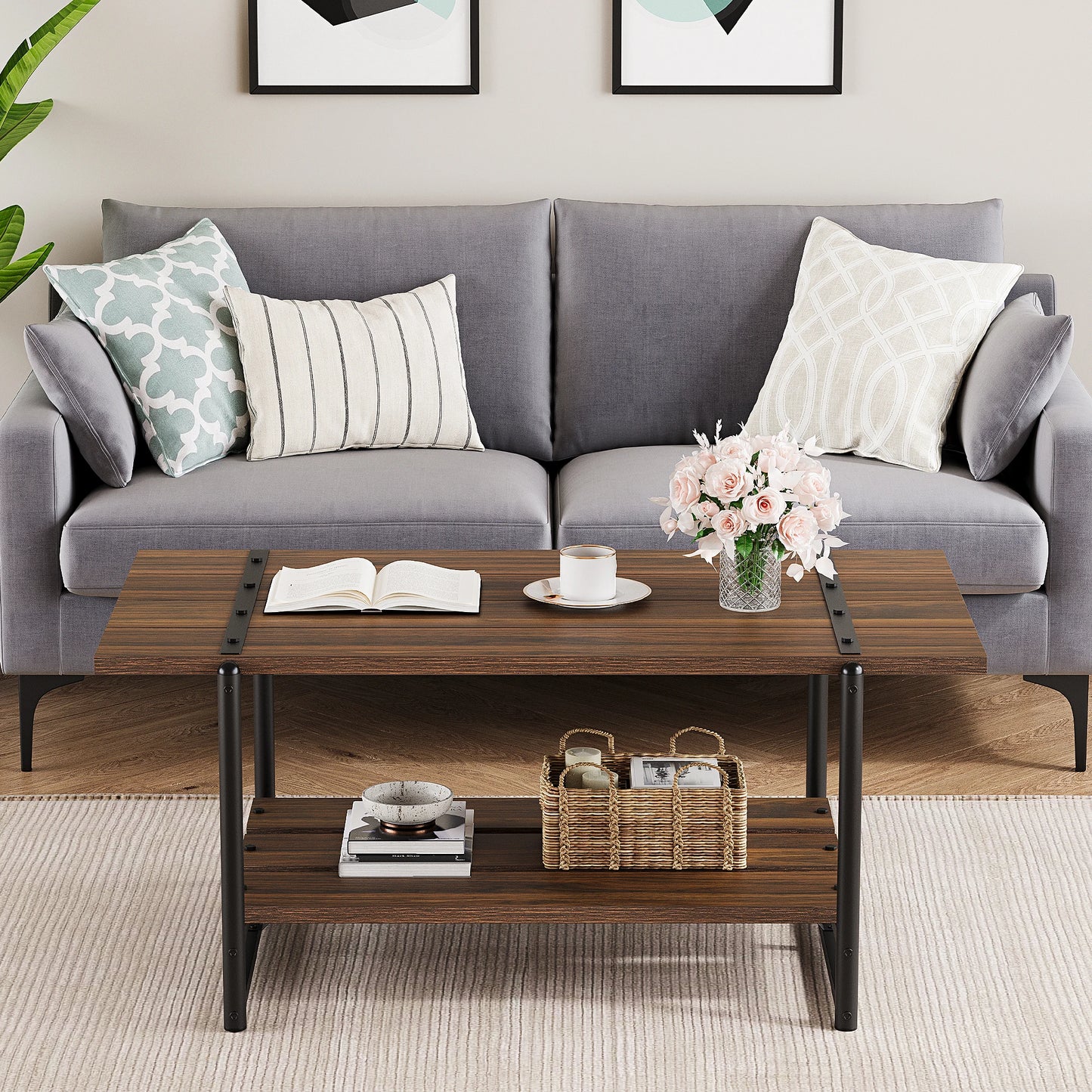 HobbyLane 2-Tier Wood Coffee Table With Rustic Storage