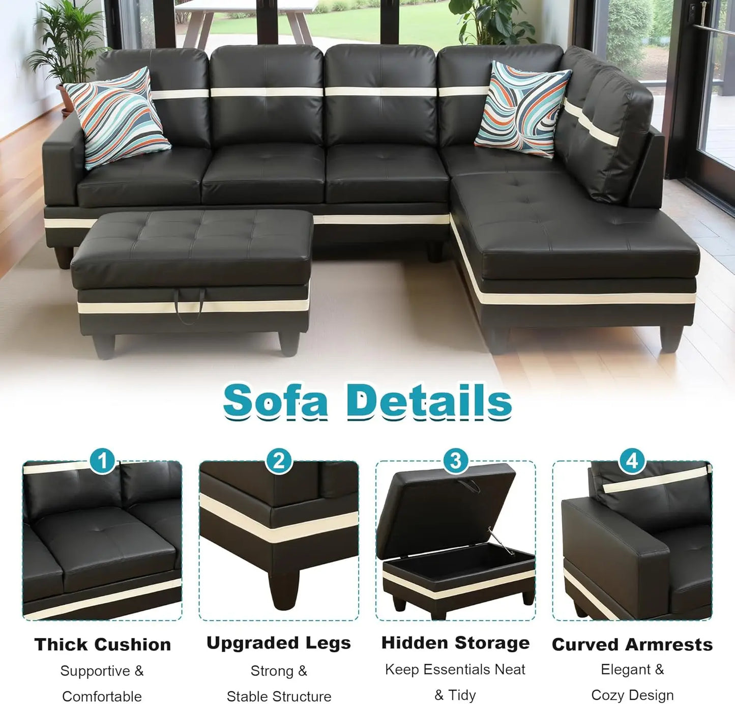 Modern L Shaped Sectional Sofa With Storage Ottoman