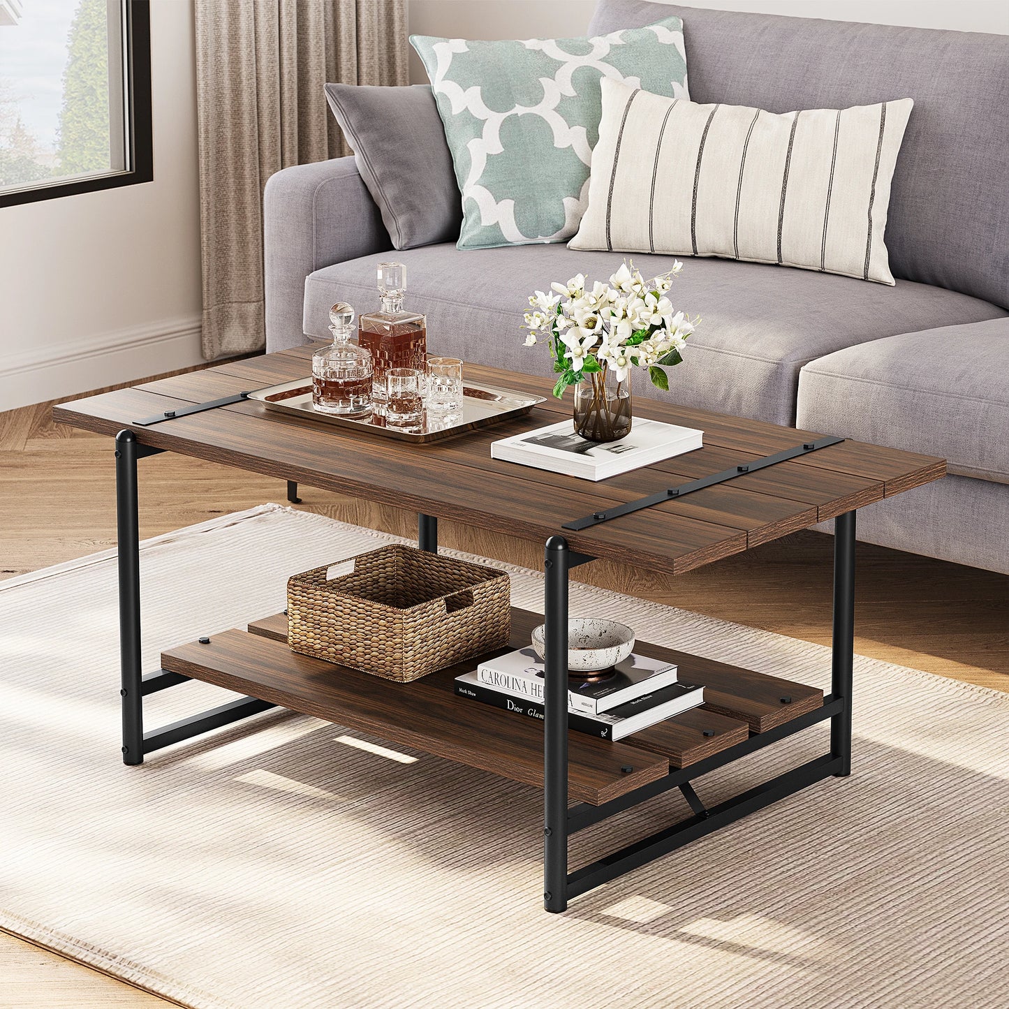 HobbyLane 2-Tier Wood Coffee Table With Rustic Storage