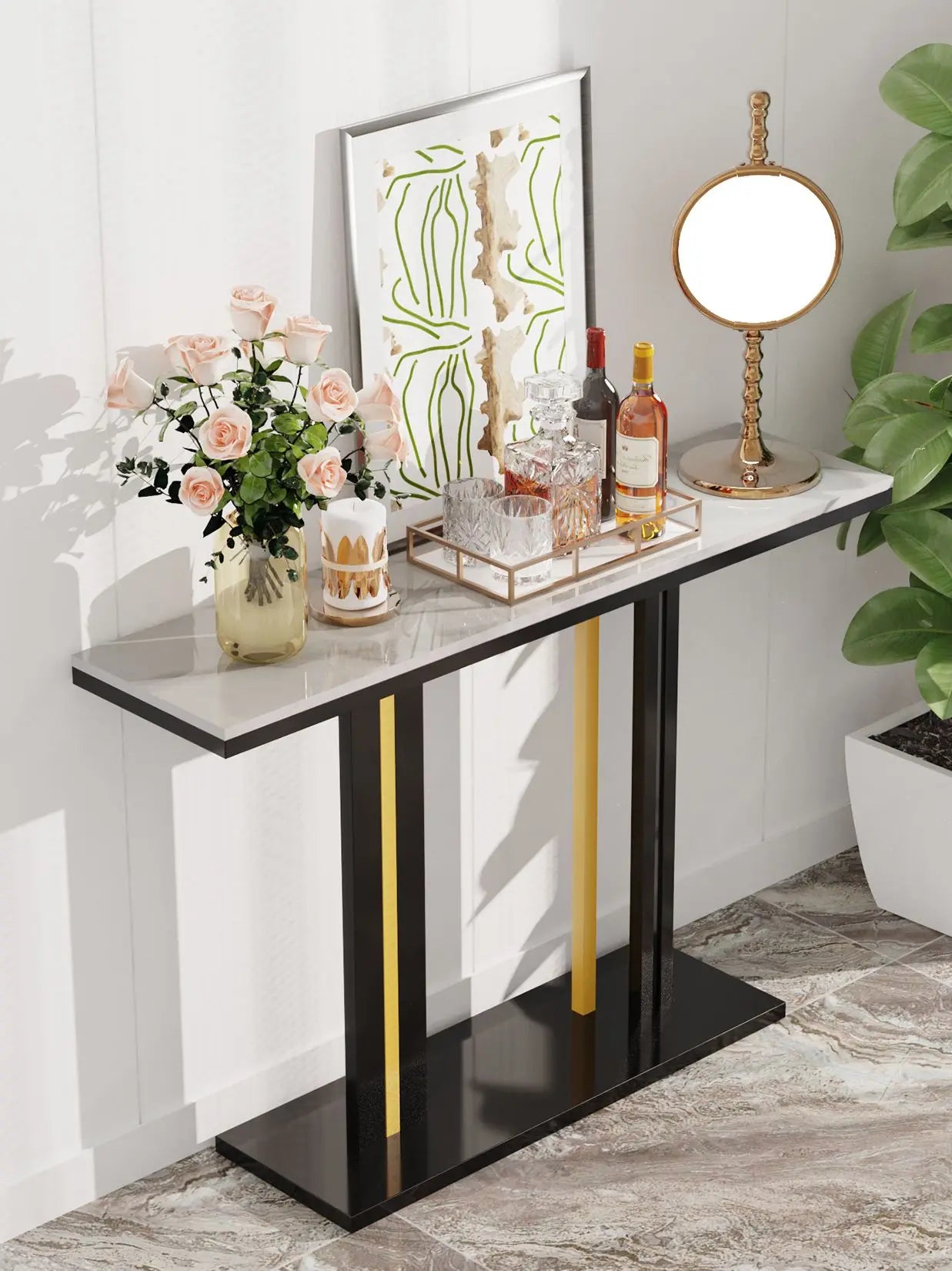 BINGOPAW Contemporary Console Table With Stone Top And Pedestal