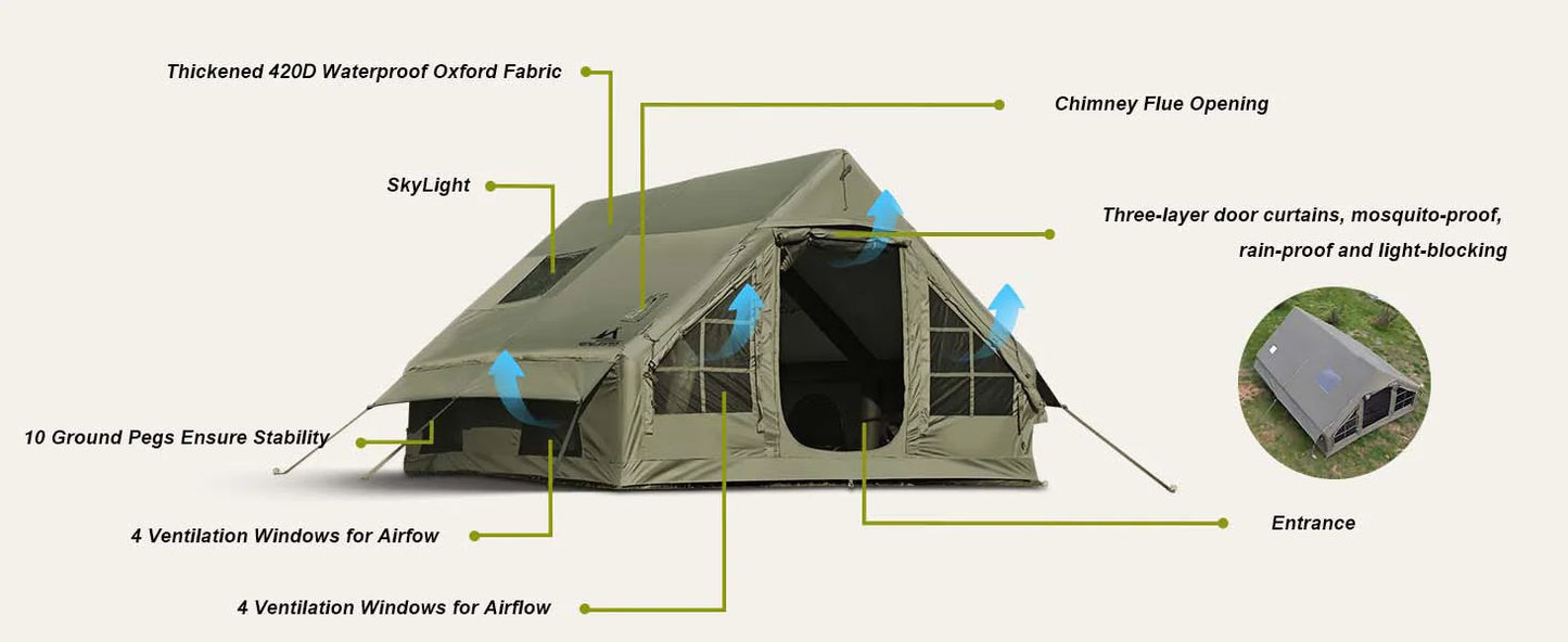 Inflatable Camping Tent With Chimney Opening Waterproof Oxford Fabric