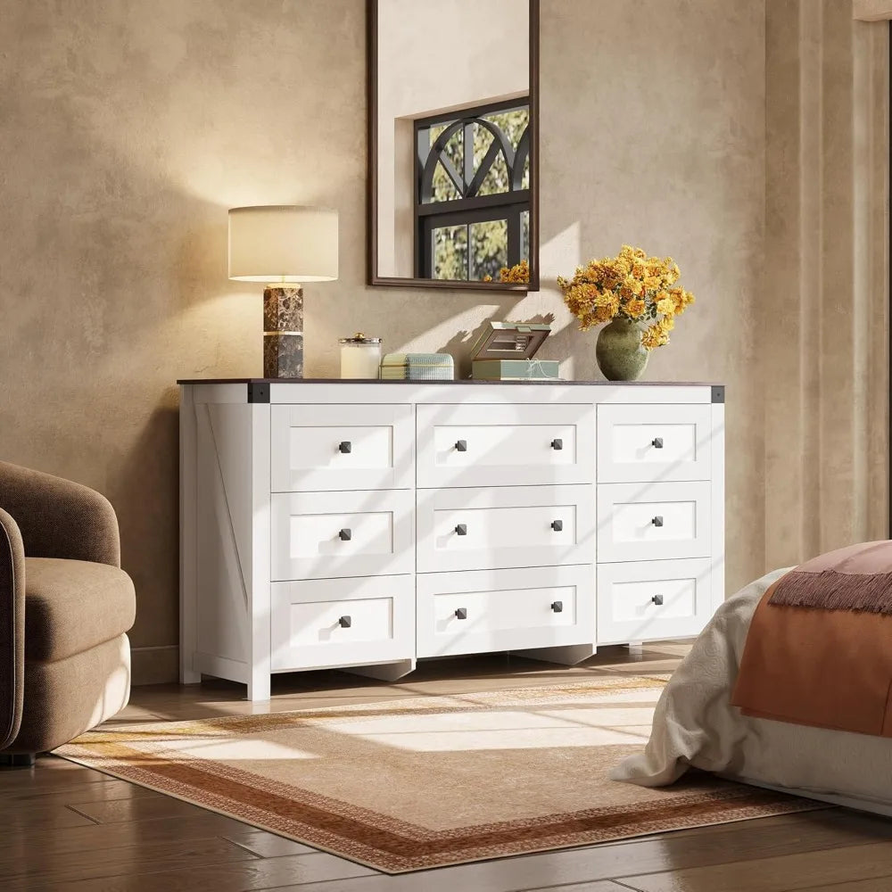 Farmhouse Nine Drawer Wood Dresser For Bedroom Storage