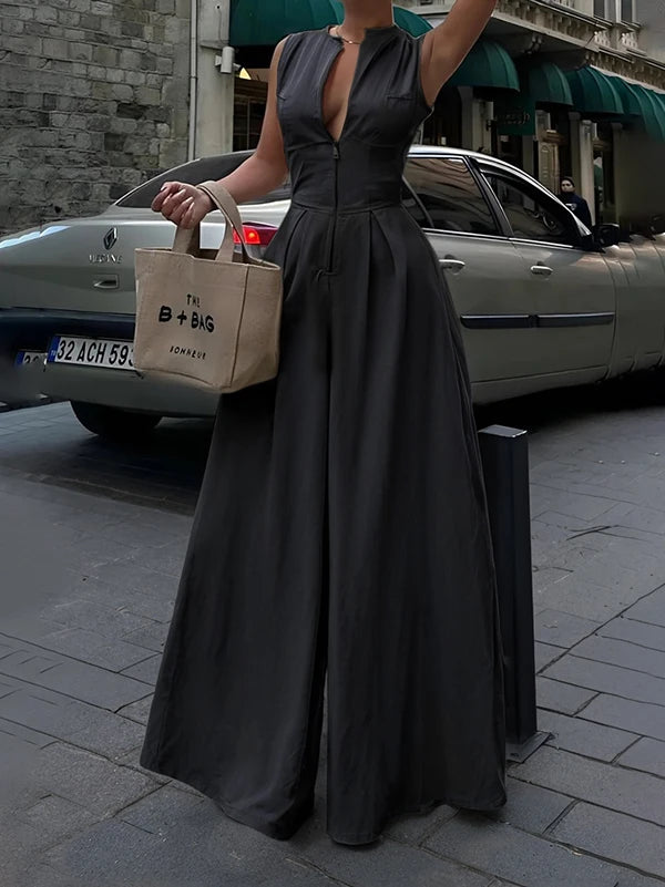 OSHOPLIVECN Office Lady Jumpsuit With Zipper Pockets Casual Fashion