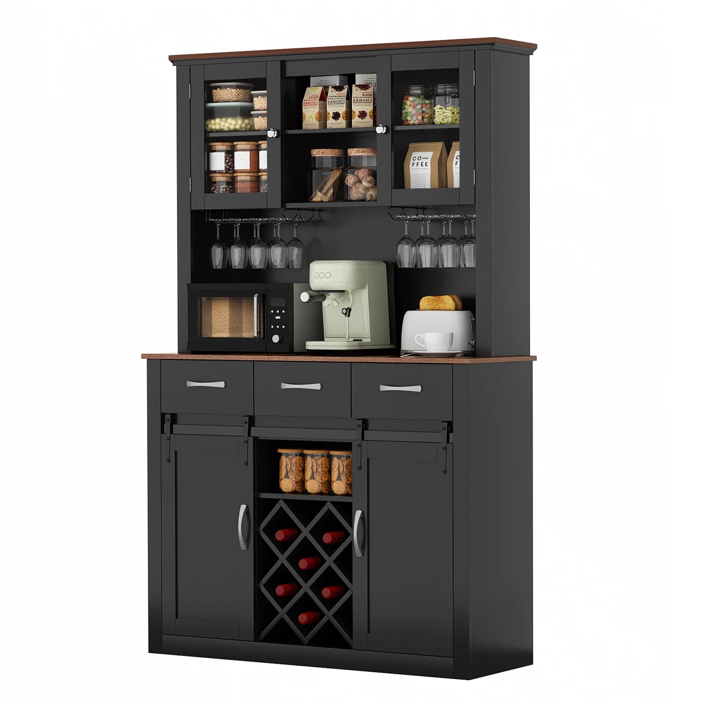 VOWNER Farmhouse Bar Cabinet With Sliding Barn Doors And Wine Glass Racks