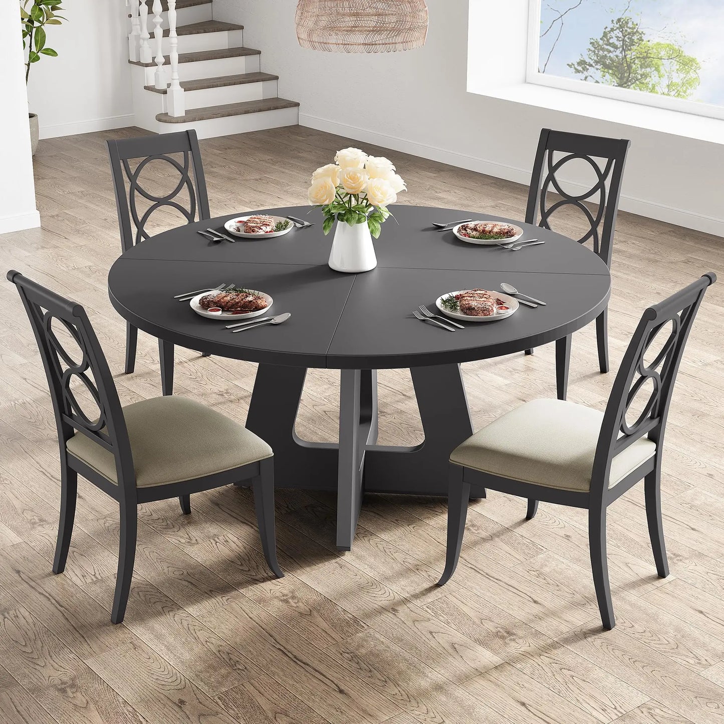 Round Wooden Farmhouse Dining Table For Home Dining Rooms