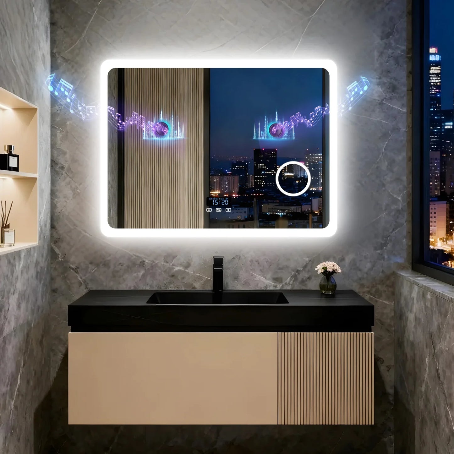 LED Bathroom Mirror With Bluetooth Dimmable Backlit 3X Magnifier Display