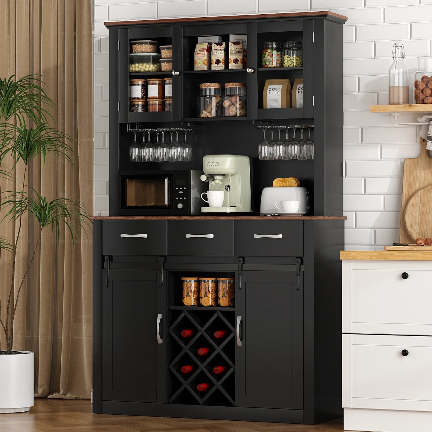 VOWNER Farmhouse Bar Cabinet With Sliding Barn Doors And Wine Glass Racks