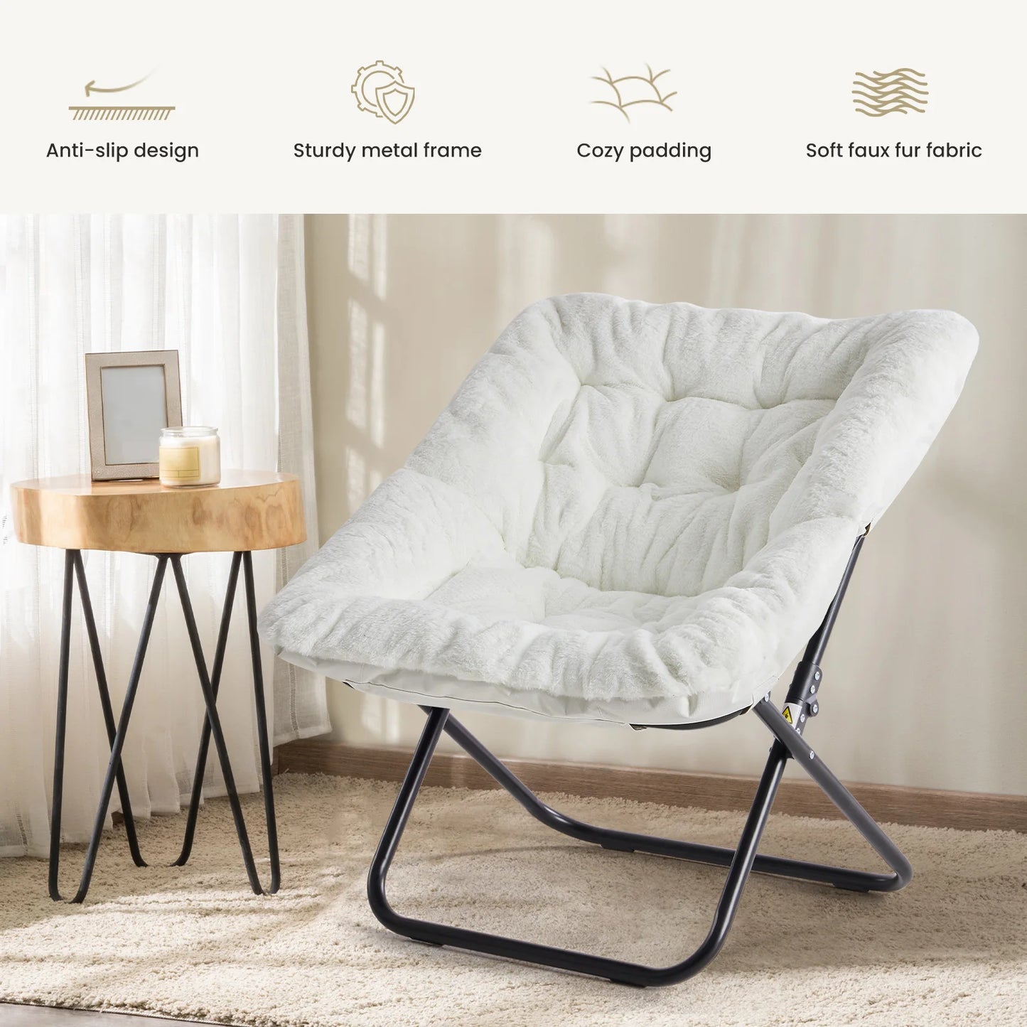JHK Cozy Faux Fur Saucer Chair Metal Frame Folding Lounge