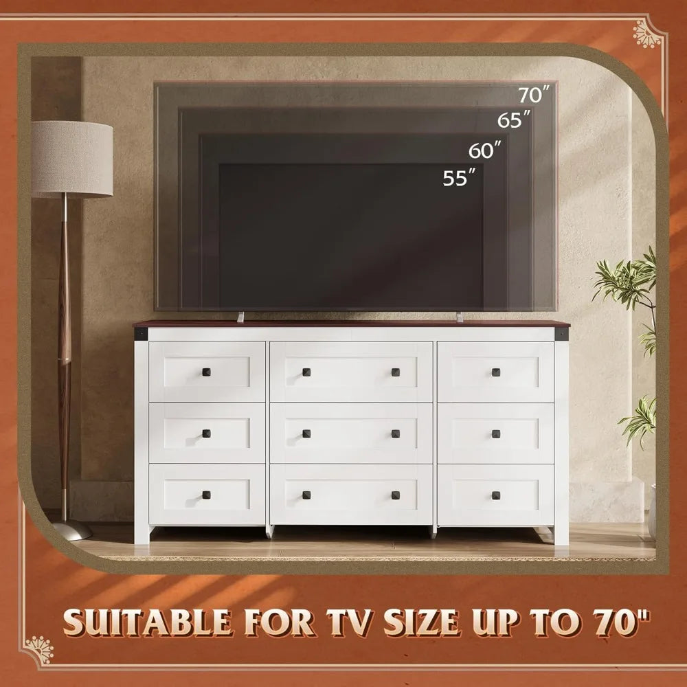 Farmhouse Nine Drawer Wood Dresser For Bedroom Storage