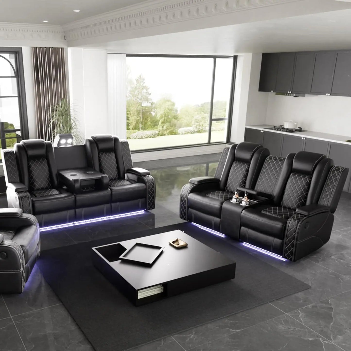 Power Recliner Sofa Set With LED Light Leather Reclining Sofa And Loveseat