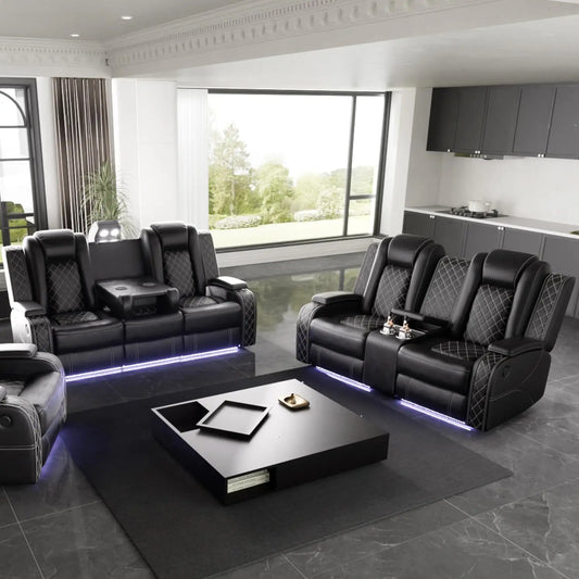Power Recliner Sofa Set With LED Light Leather Reclining Sofa And Loveseat