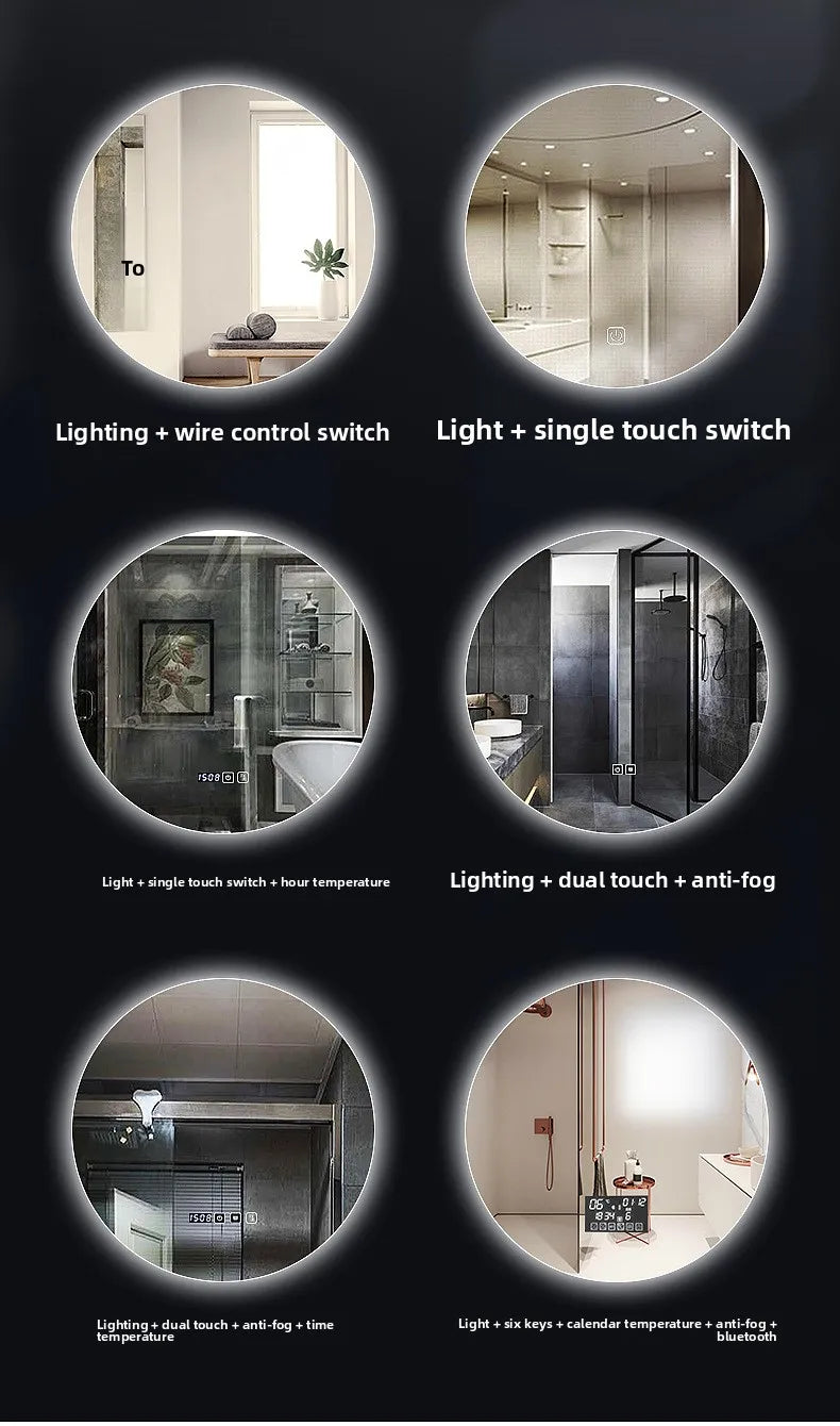 Round Wall-Mounted Smart Bathroom Mirror With LED Anti-Fog Touch Screen